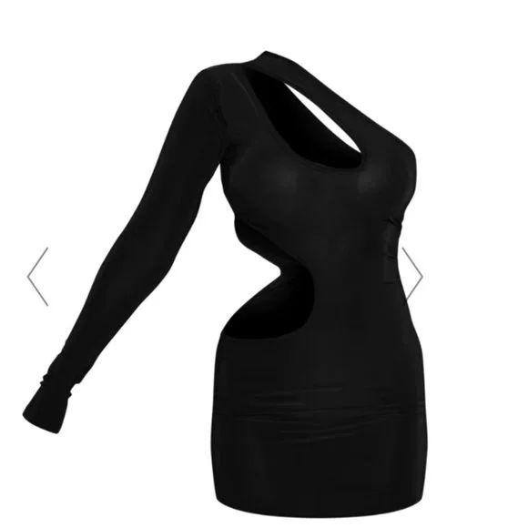strapless open back dress Shelisa Slouchy Mini Dress in Black , One Shoulder , Long Sleeve
